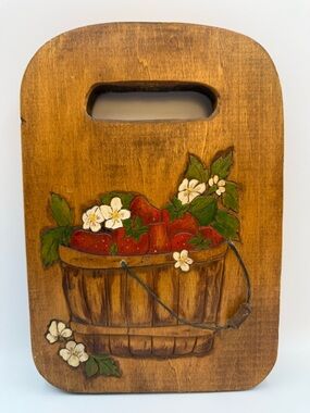 Vintage Strawberry Folkart Wood Board 11x7.5 Double Sided